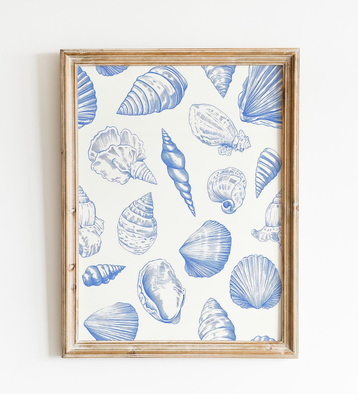 Vintage Blue Seashells Line Art Coastal Beach House Wall Poster