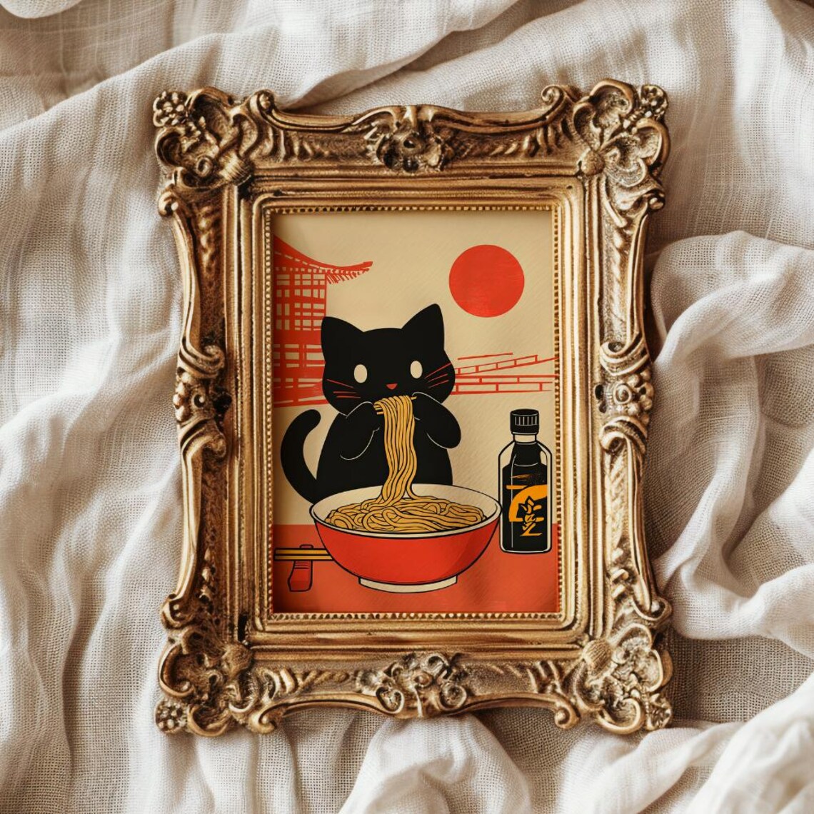 Black Cat Eating Ramen Under Red Sun Cute Japanese Style Food Art Poster - Image 3
