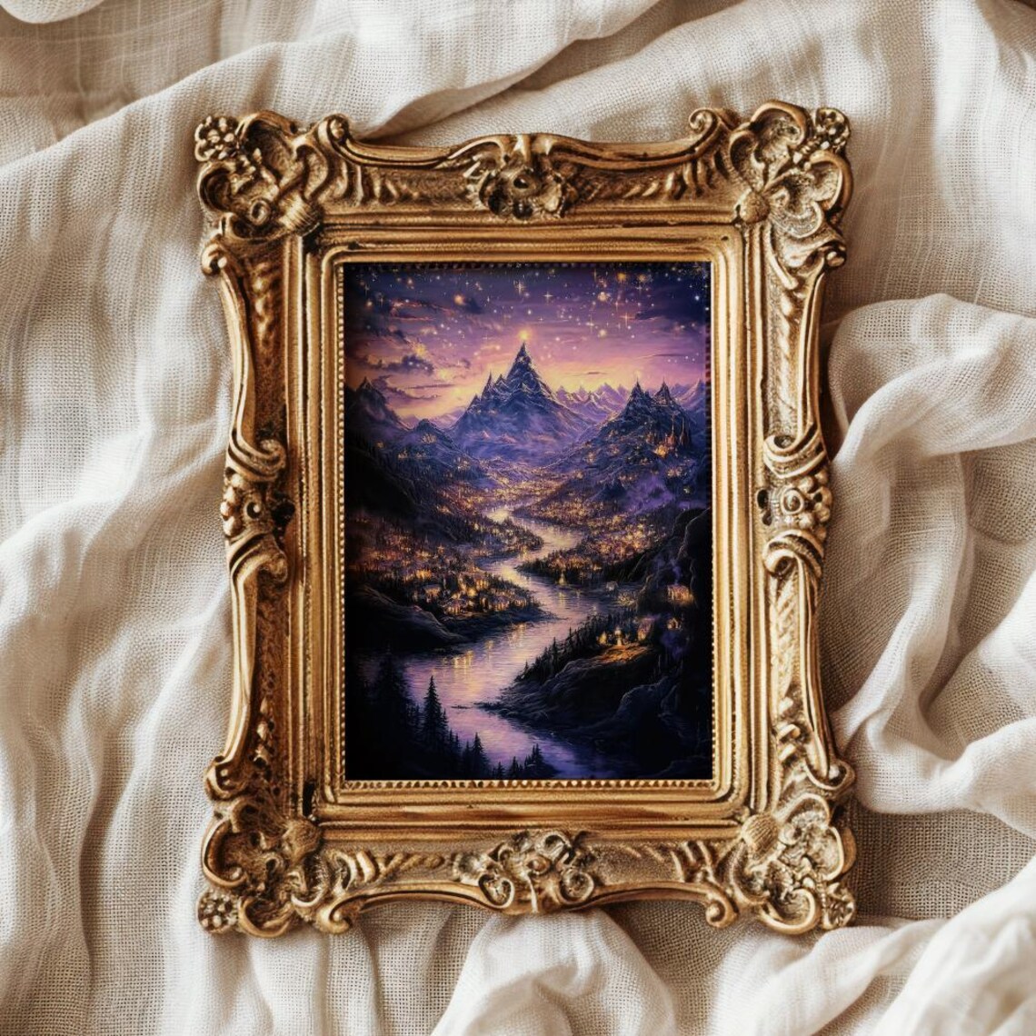 Starry Night Court Fantasy Mountain Valley River Lights Poster - Image 2