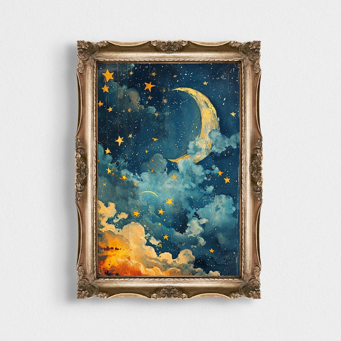Whimsical Crescent Moon and Stars Midnight Cloud Painting Poster