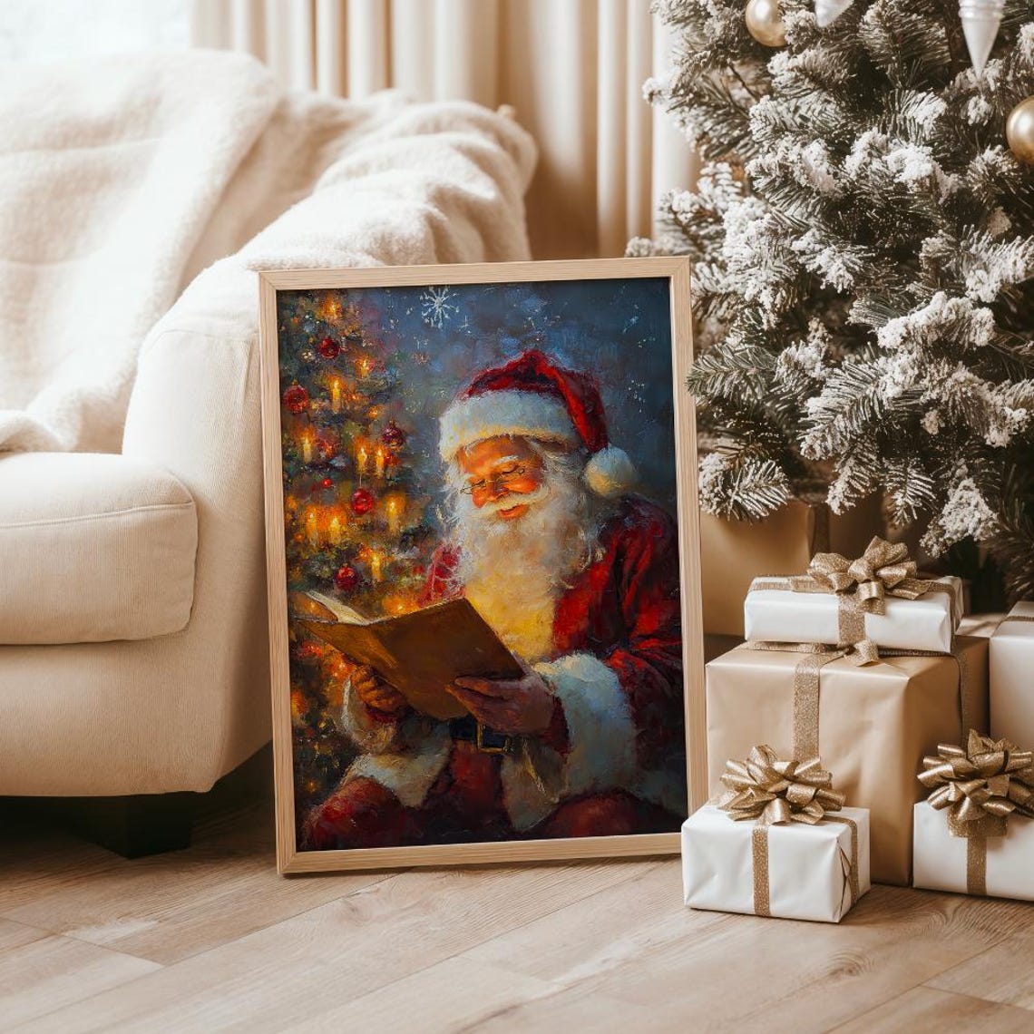 Santa Claus Reading By Candlelit Christmas Tree Soft Glow Poster - Image 4
