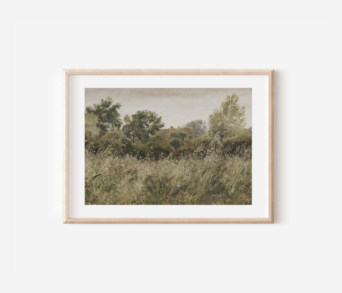 Windswept Meadow Grass With Trees Muted Vintage Landscape Poster - Image 3