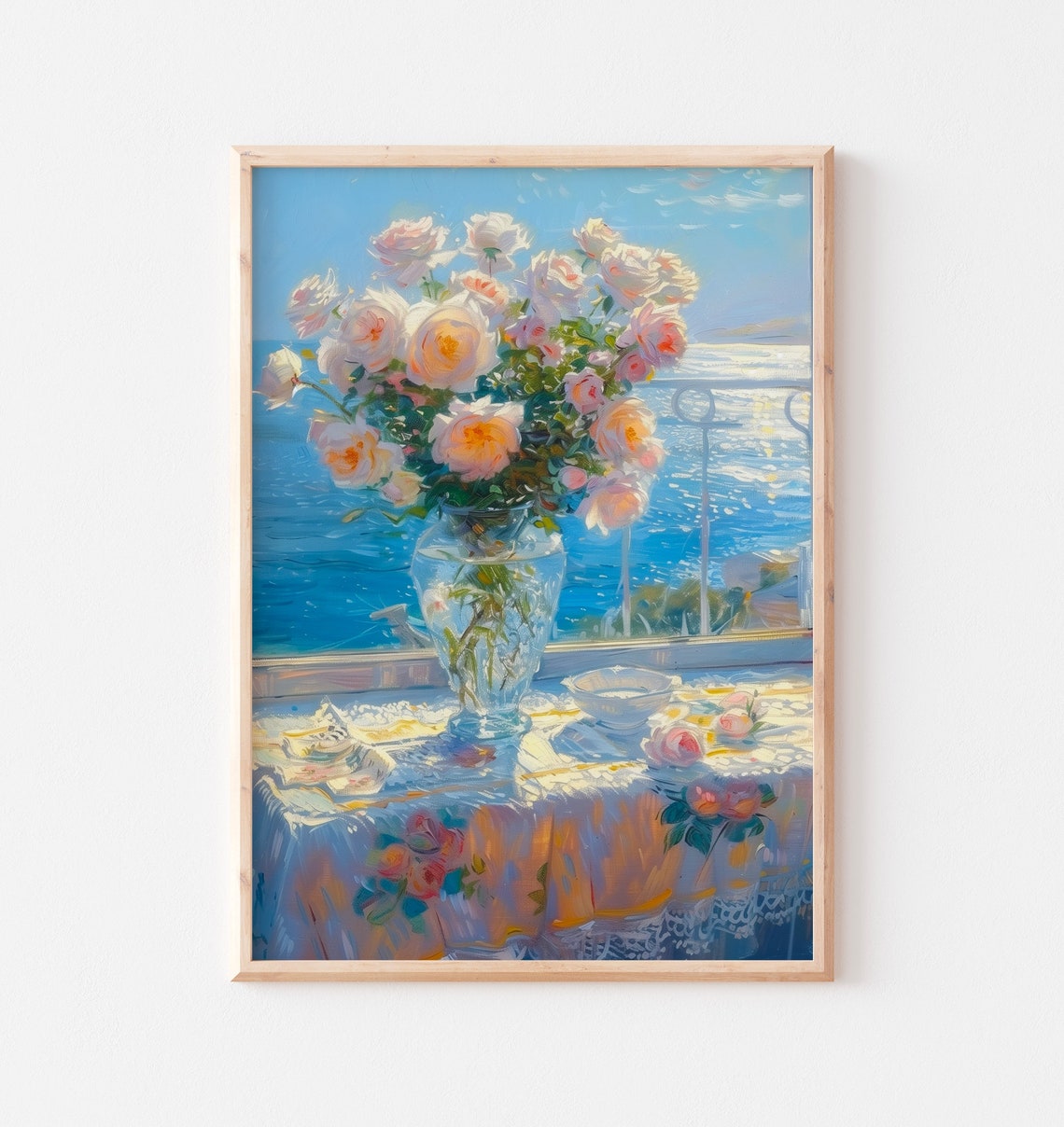 Pink Roses Glass Vase Seaside Window Sunlit Lace Tablecloth Poster - Image 2