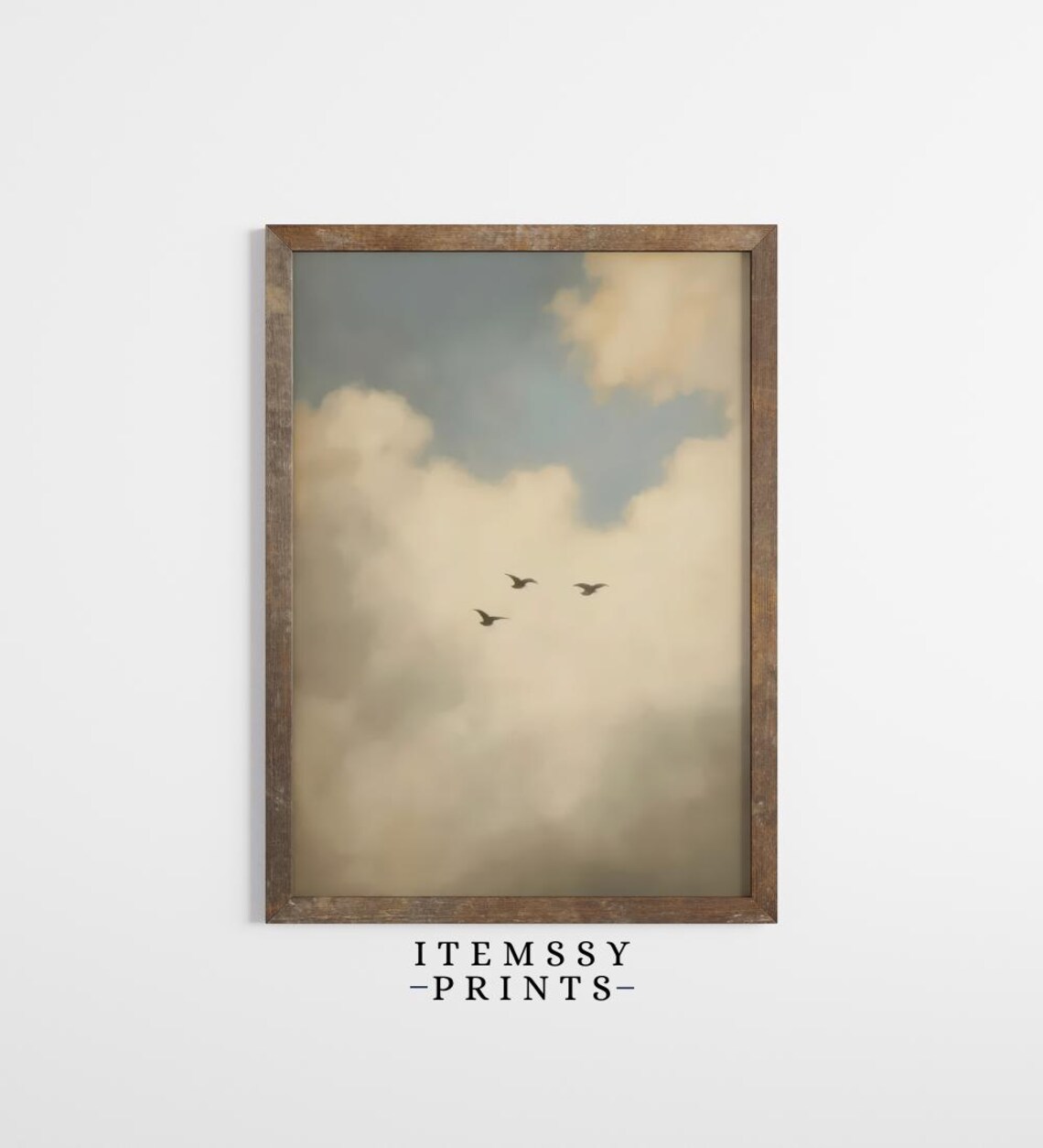 Three Birds Flying Through Cloudy Sky Minimalist Calm Art Poster - Image 2