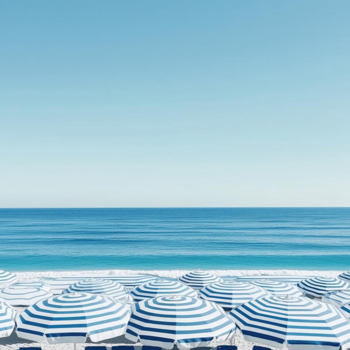 Blue Striped Beach Umbrellas Aerial Seaside Minimalist Art Poster - Image 2