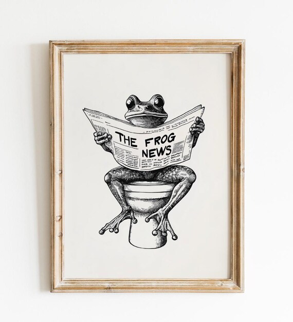 Frog Reading Newspaper on Toilet Funny Bathroom Humor Art Poster