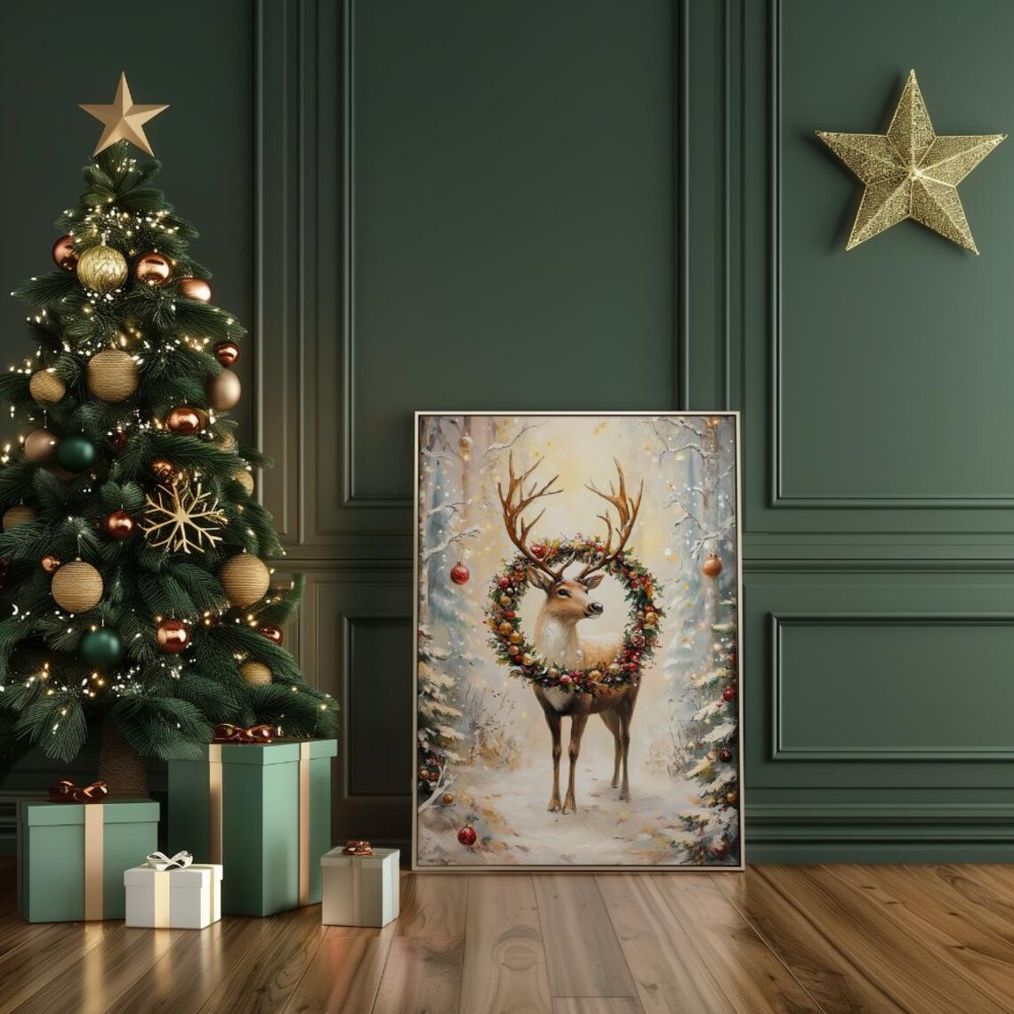 Noble Stag With Grand Ornament Wreath In Snowy Forest Poster - Image 3