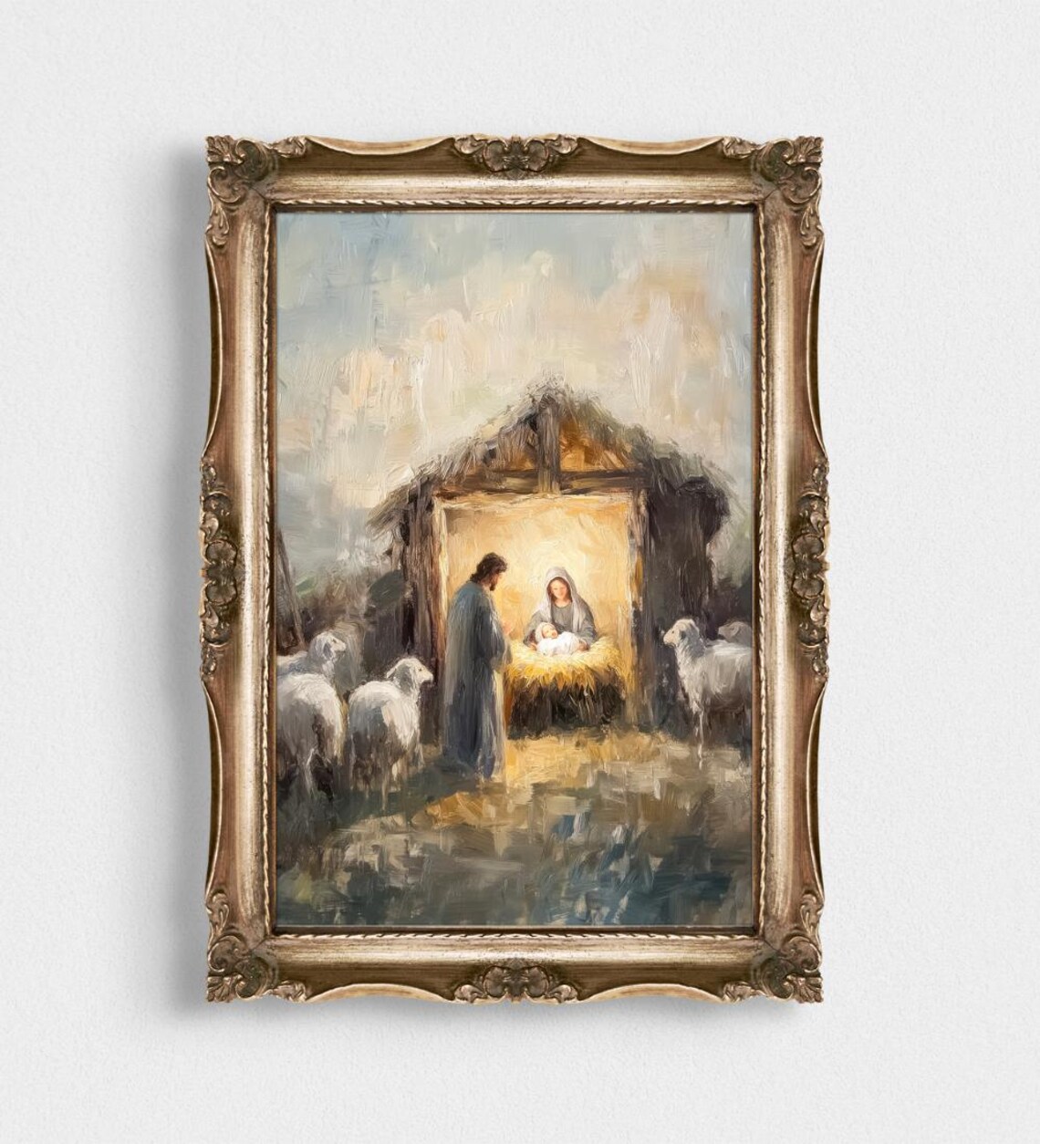 Holy Nativity Scene With Family In Straw Manger And Sheep Poster - Image 2