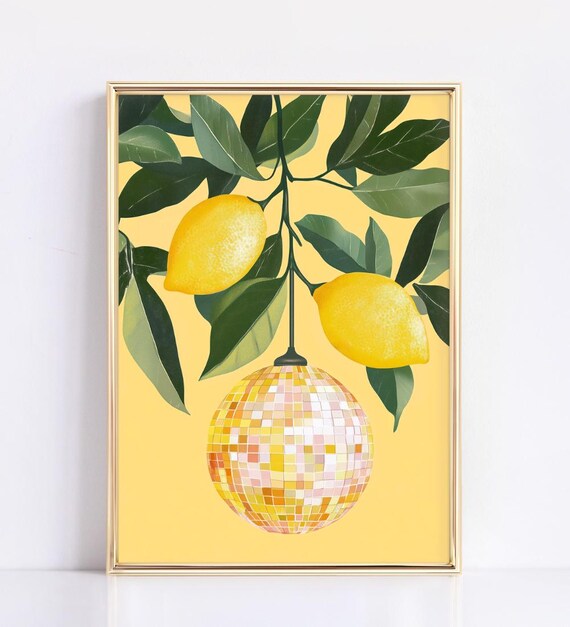 Lemon Disco Ball Funky Kitchen Art Print Groovy Retro Preppy Fruit Wall Decor