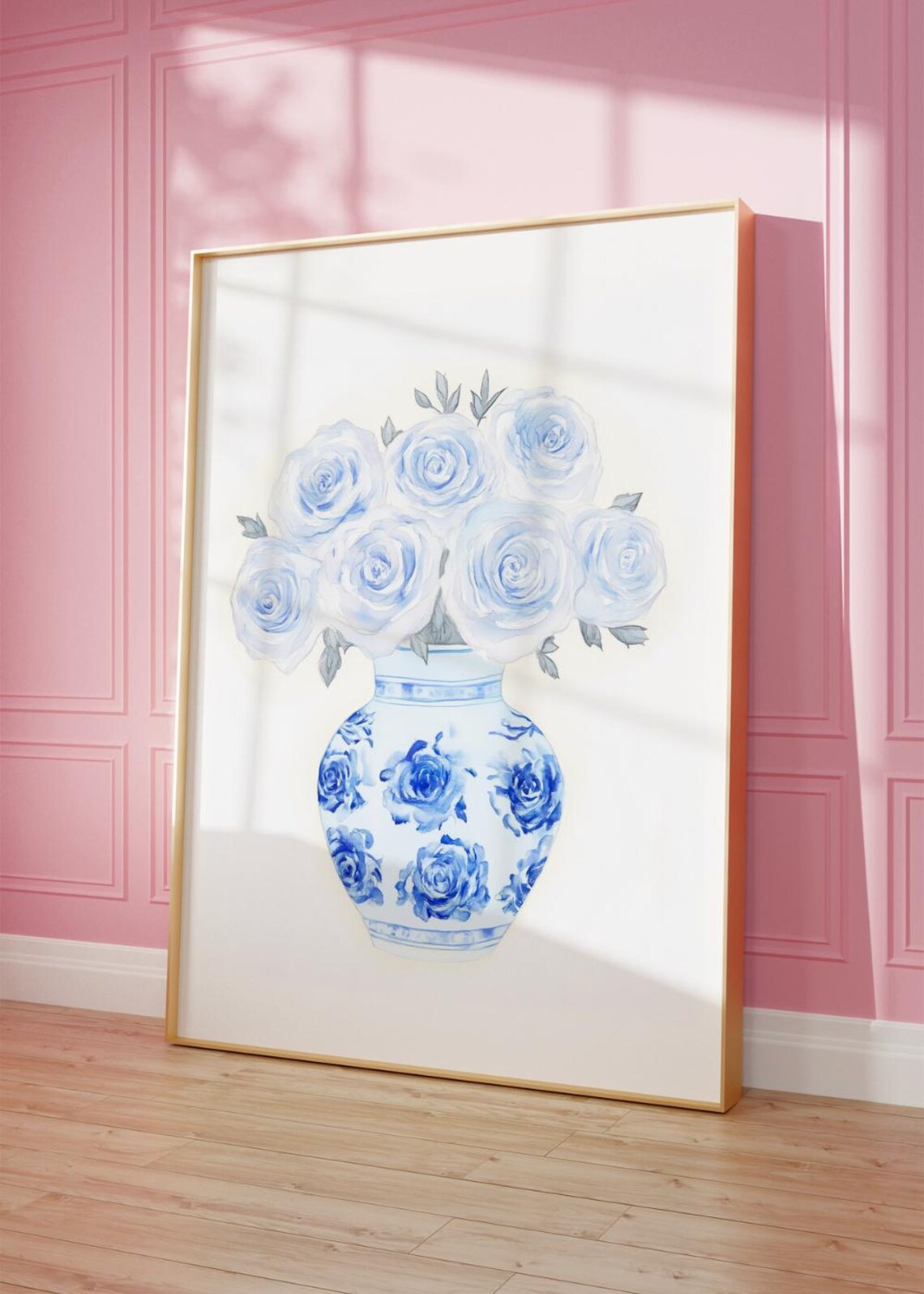 Blue And White Roses In Chinoiserie Vase Watercolor Floral Wall Poster - Image 3
