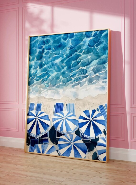 Blue Striped Umbrella Aerial Beach Watercolor Coastal Summer Wall Poster