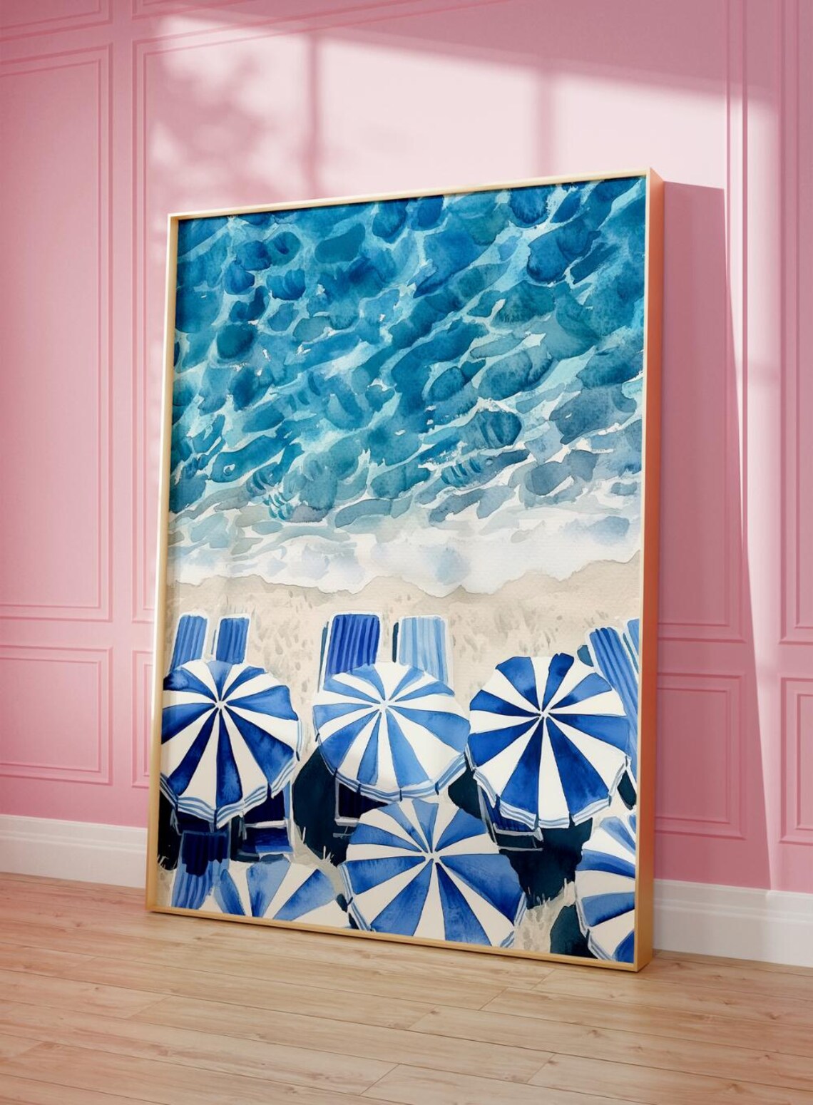 Blue Striped Umbrella Aerial Beach Watercolor Coastal Summer Wall Poster