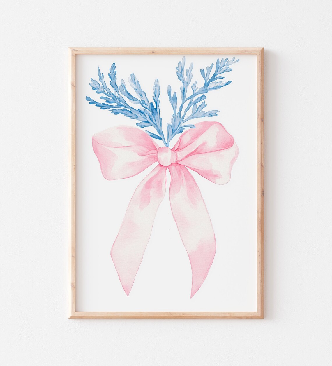 Pink Watercolor Ribbon Bow Blue Foliage Minimalist Nursery Art Poster - Image 2