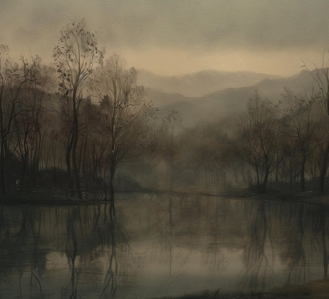 Misty Lake at Dusk With Bare Tree Reflections Moody Tonalism Poster - Image 2