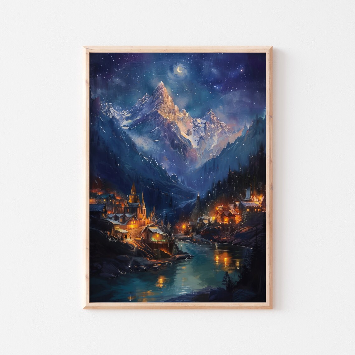 Glowing Alpine Village at Night Under Snowy Peaks Starry Poster - Image 2