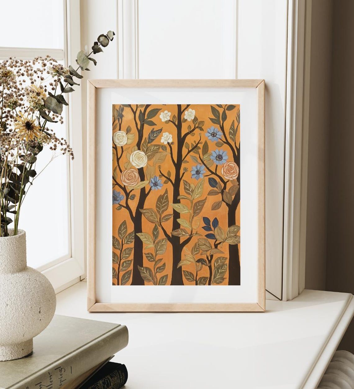Vintage Folk Art Blossom Trees Burnt Orange Botanical Wall Poster - Image 3