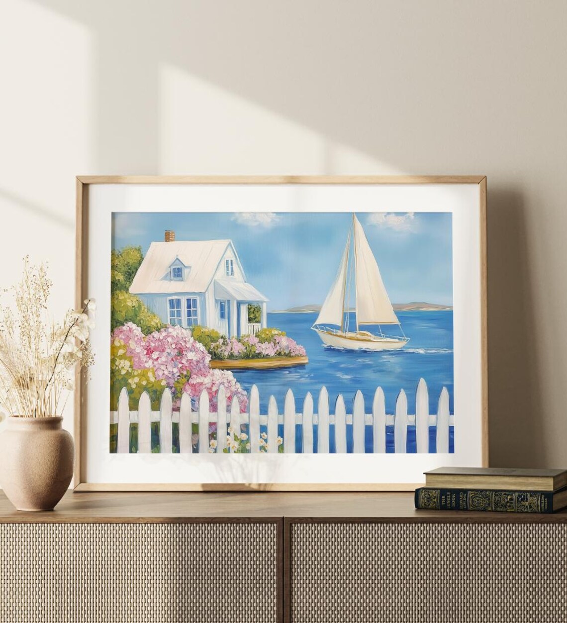 White Beach Cottage Painting Picket Fence Hydrangea Coastal Poster - Image 2