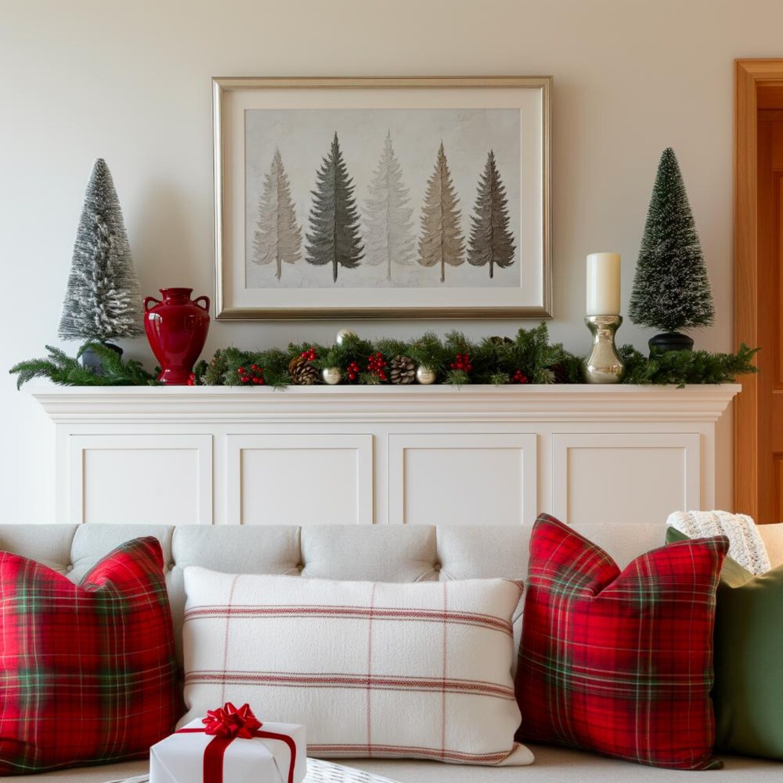Five Tall Pine Trees In Soft Muted Neutral Beige Tones Wall Art - Image 2