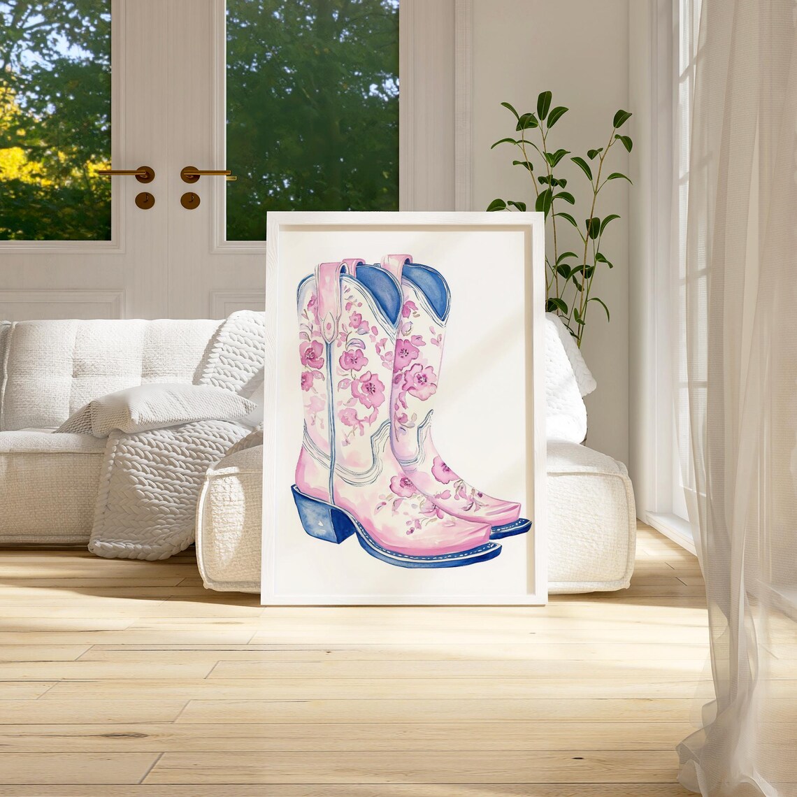 Pink Blossom Cowboy Boots Watercolor Floral Western Wall Art - Image 3