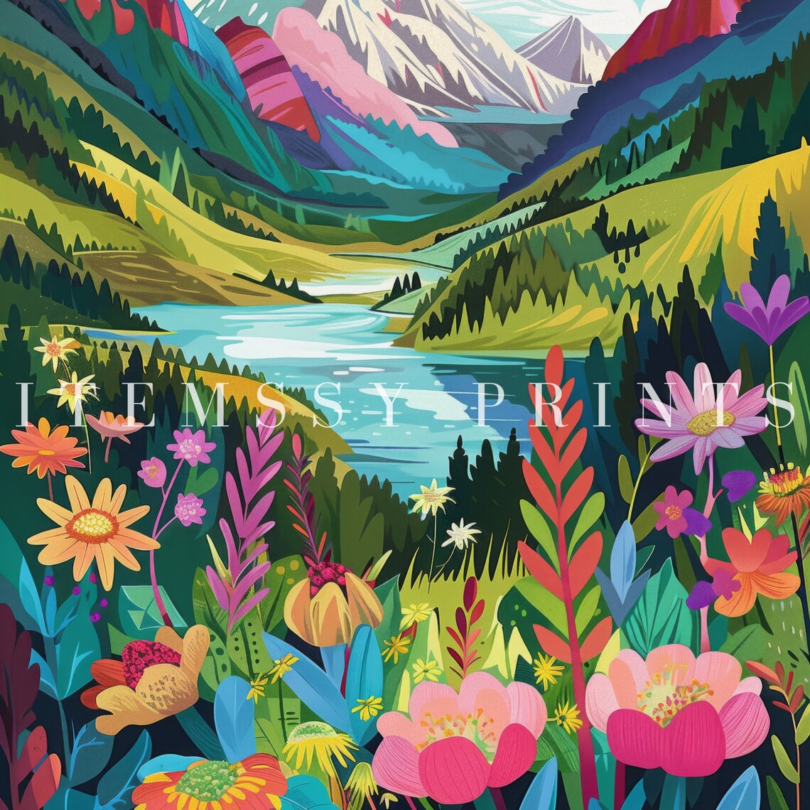 Colorful Alpine Lake Mountain Valley Wildflower Bloom Scenic Poster - Image 2