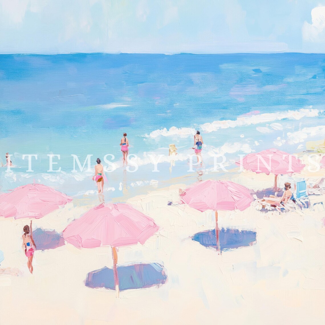 Pink Umbrella Beach Scene Pastel Seaside Summer Watercolor Poster - Image 2