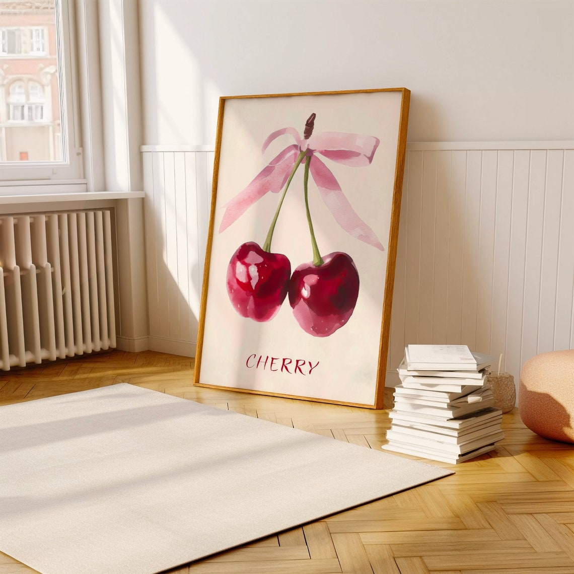 Cherry Fruit Pink Ribbon Watercolor Girly Preppy Kitchen Art Poster - Image 2
