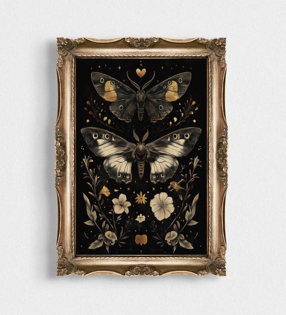 Black Butterfly Print Botanical Moth Wall Art Gothic Cottagecore Decor Dark Academia Moody Floral Artwork Vintage Gothic Flowers