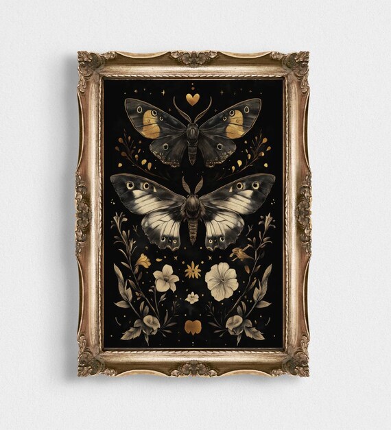 Black Moth Botanical Art Print Gold Gothic Floral Dark Decorative