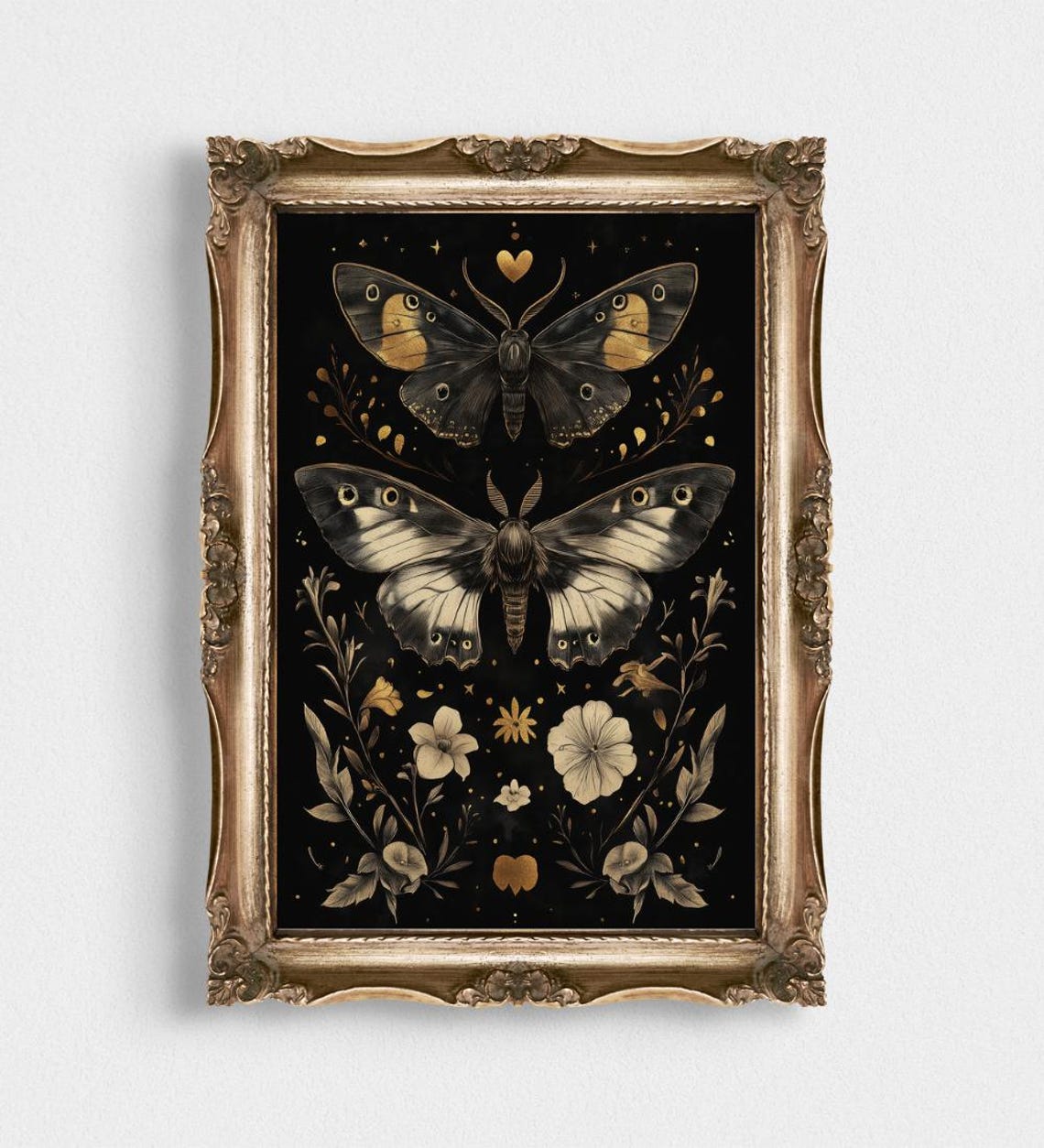 Black Moth Botanical Art Print Gold Gothic Floral Dark Decorative