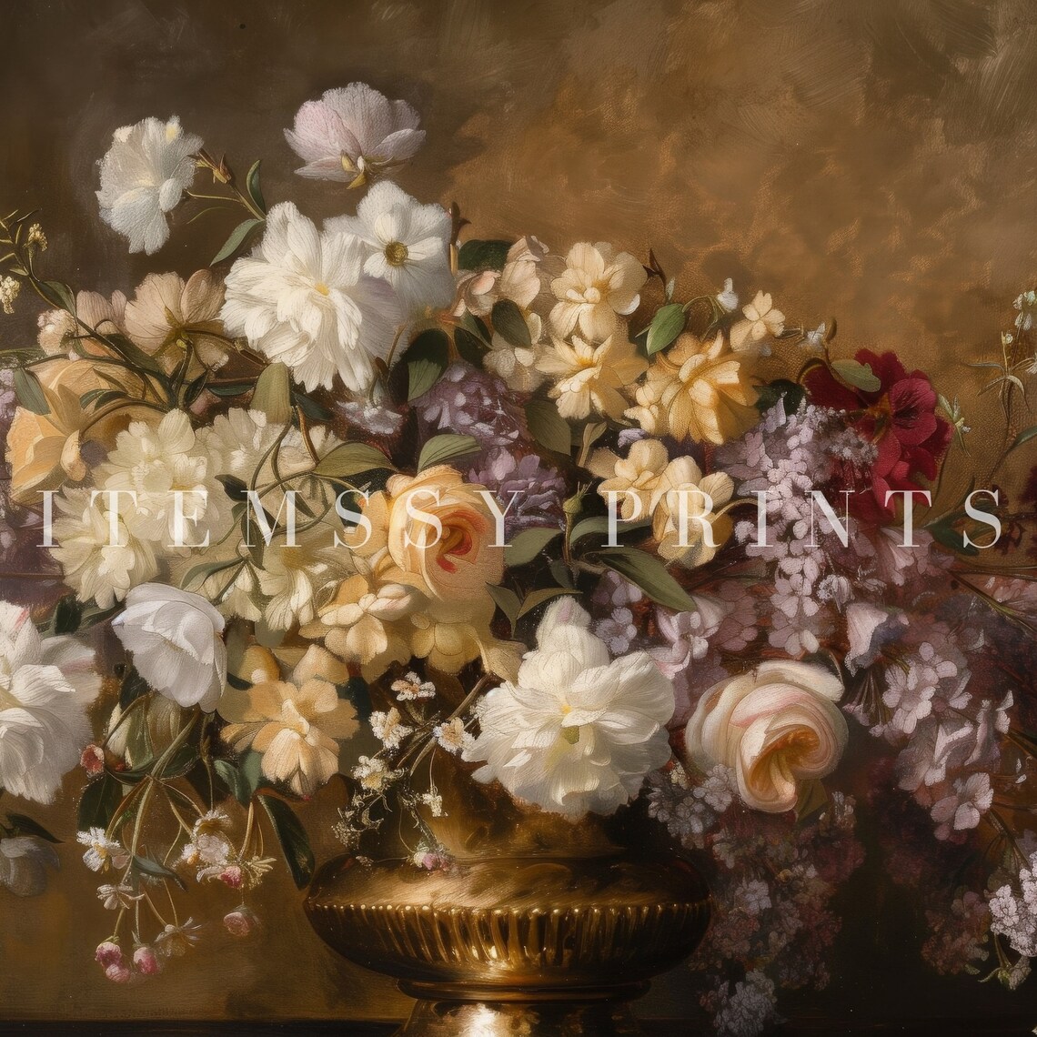 Vintage White Roses Lilacs Gold Vase Moody Floral Still Life Poster - Image 2