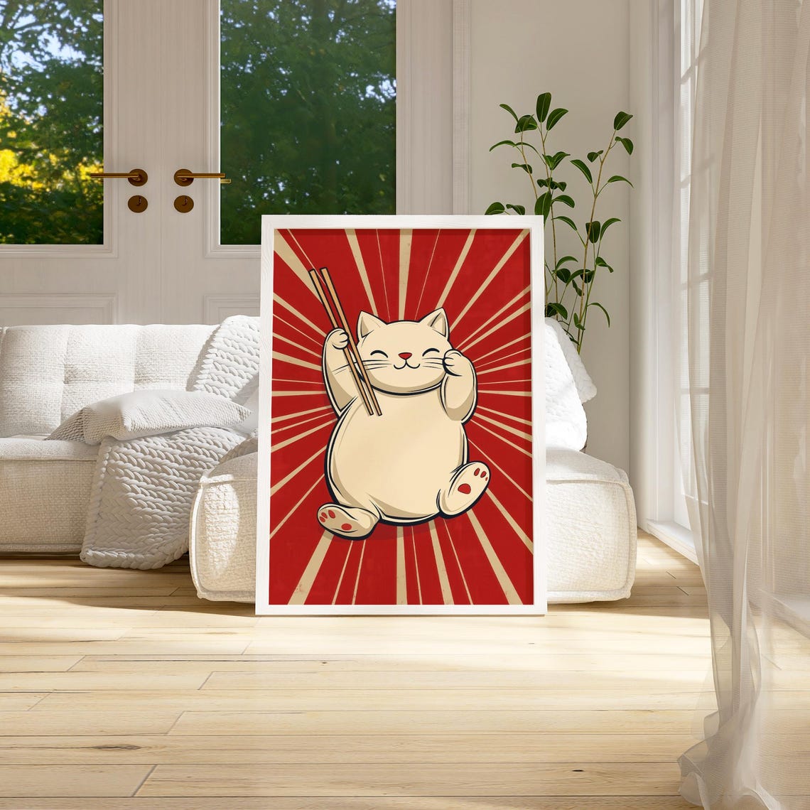 Chubby Cat Holding Chopsticks Red Sunburst Funny Japanese Poster - Image 3