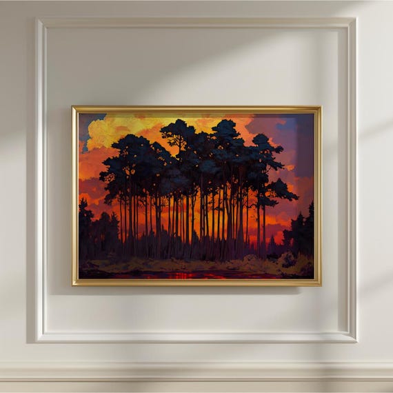 Vintage Moonrise Riverbank Pines Print Cozy Night Scene Art Fine Art Poster For Bedroom Tranquil Wall Decor Gift For Nature Lovers