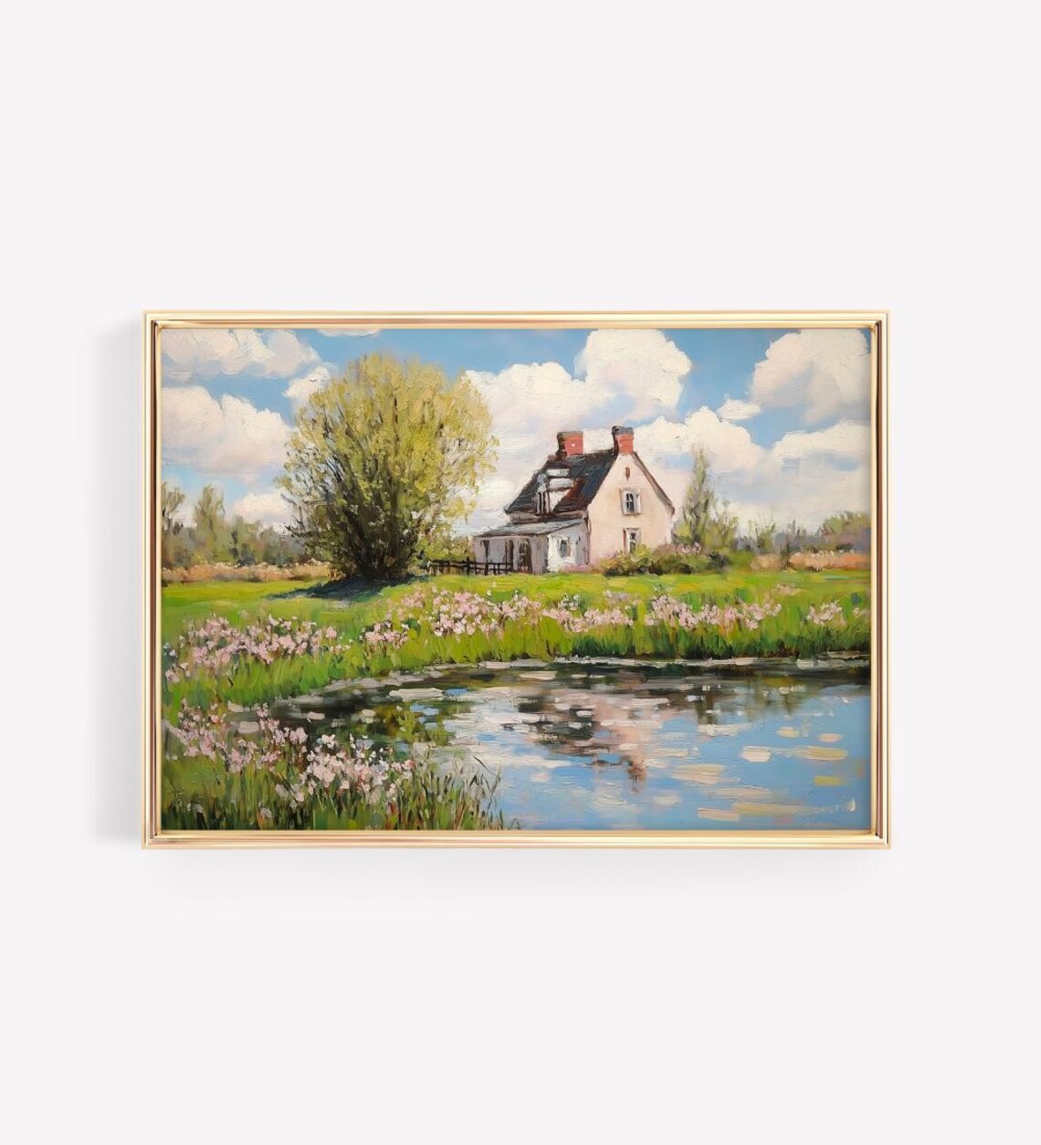 Country Cottage Pond Painting Pink Wildflower Landscape Art Poster - Image 2