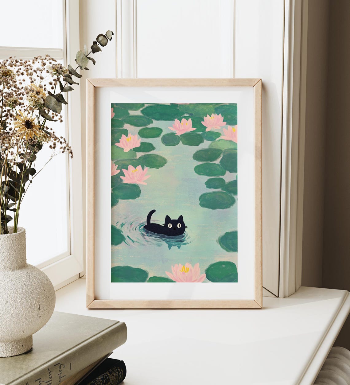 Black Cat Monet Water Lilies Humorous Whimsical Cat Art Poster - Image 3