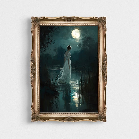 Mystical Lake Painting Dark Academia Print Moody Victorian Wall Art Dark Decor Cottagecore Poster Gothic Prints Vintage Print