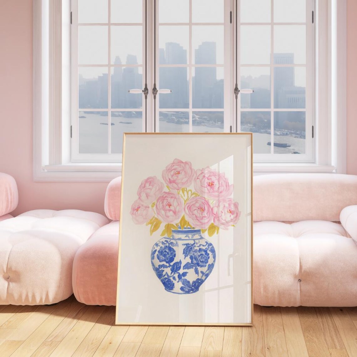Pink Peonies in Blue White Chinoiserie Vase Watercolor Art Print - Image 4