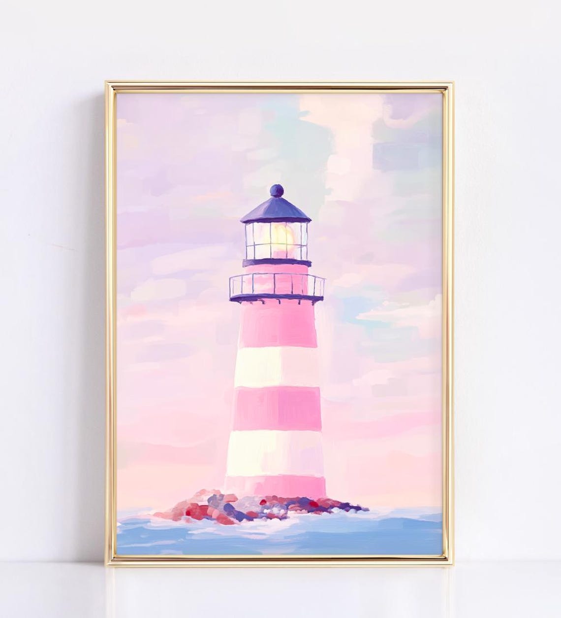 Pink Striped Lighthouse Painting Pastel Coastal Beach Art Poster - Image 2