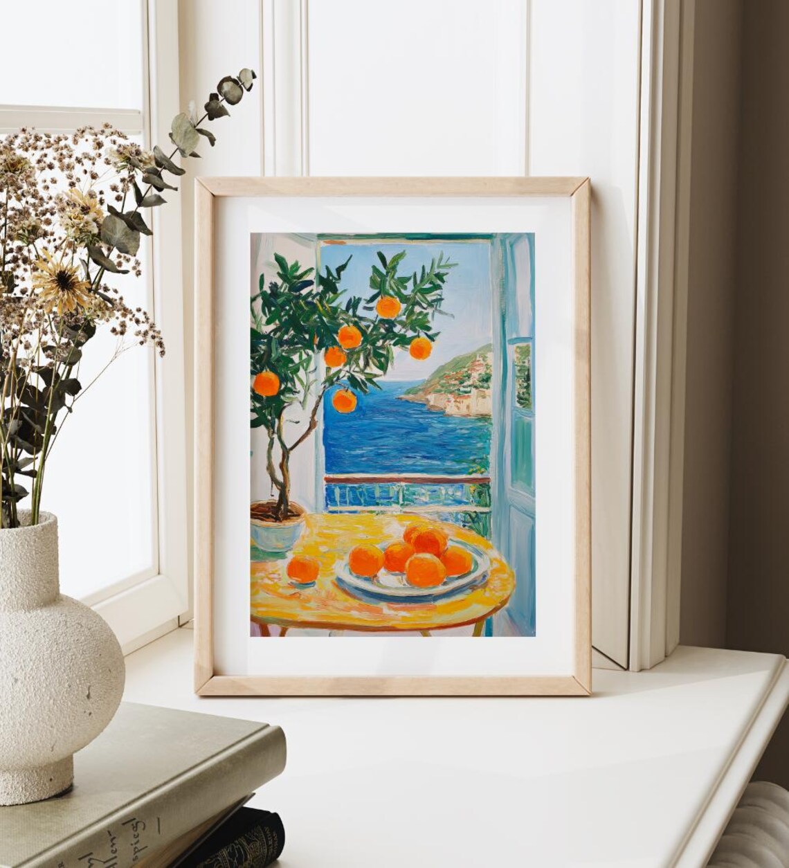 Mediterranean Open Window with Orange Tree and Sea View Art Poster - Image 2