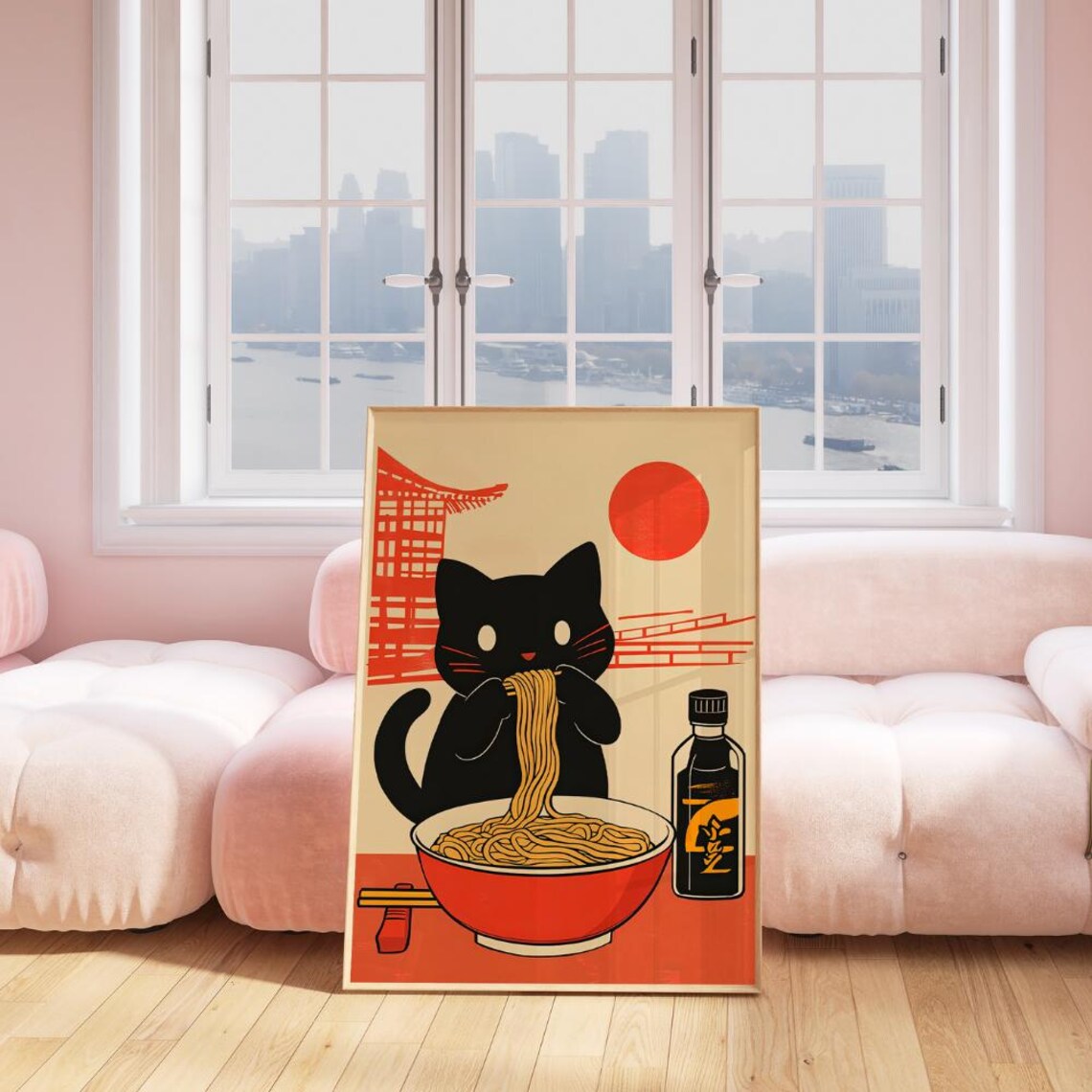 Black Cat Eating Ramen Under Red Sun Cute Japanese Style Food Art Poster - Image 2