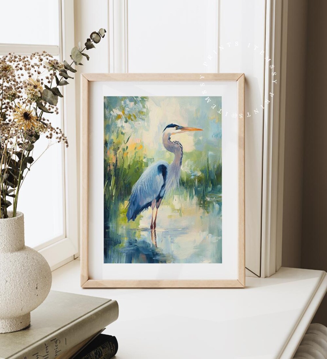 Blue Heron Marsh, Abstract Bird Oil Painting - Image 2