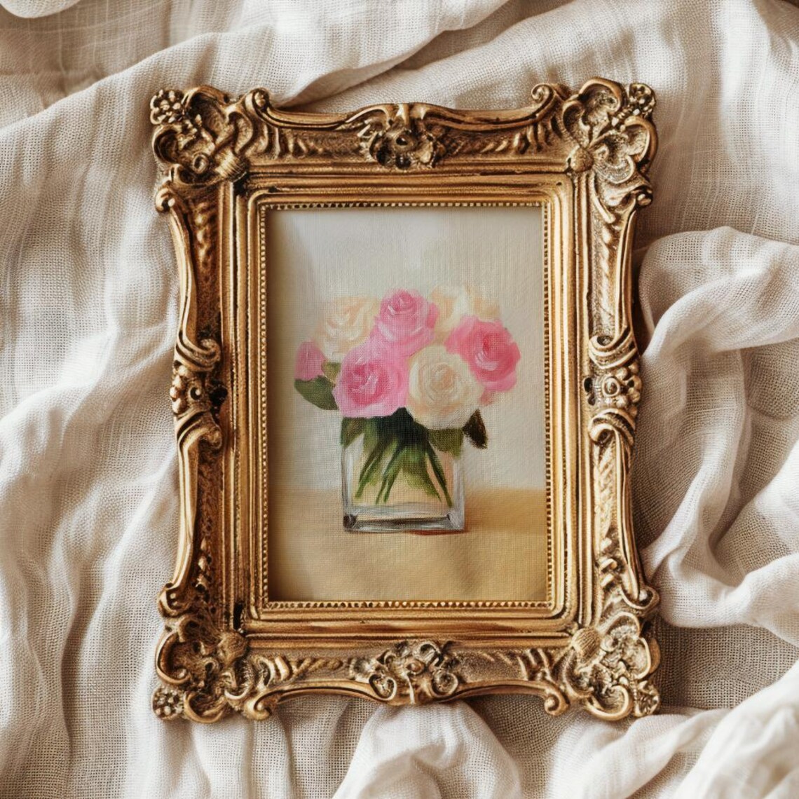 Pink White Peonies Glass Cube Vase Floral Still Life Art Print - Image 4