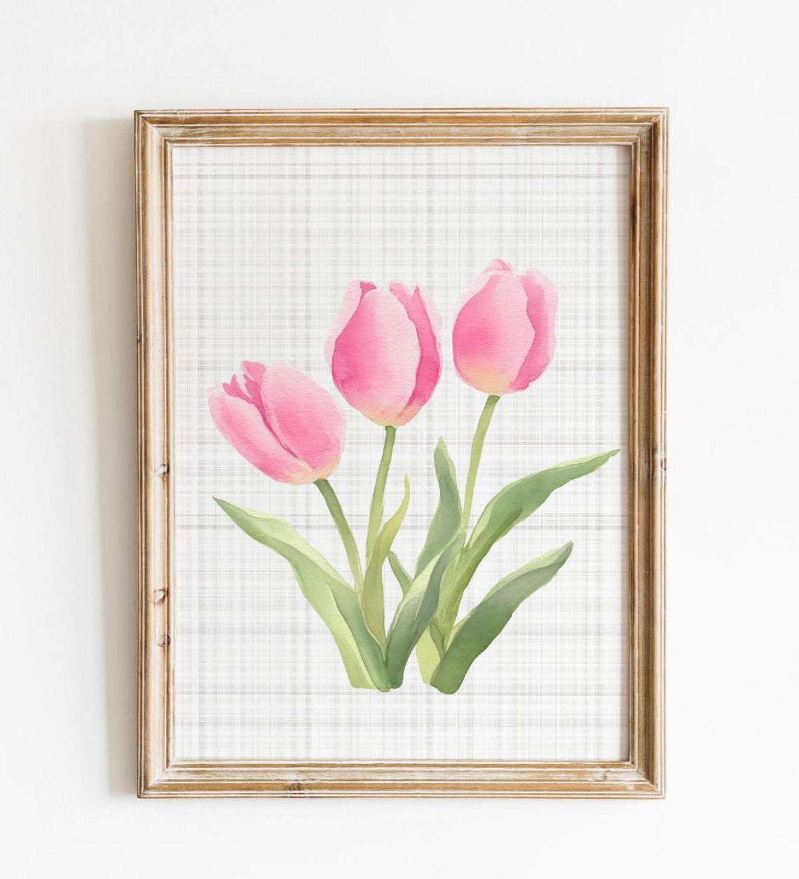 Pink Tulips Watercolor Botanical Illustration Checkered Art Print - Image 3