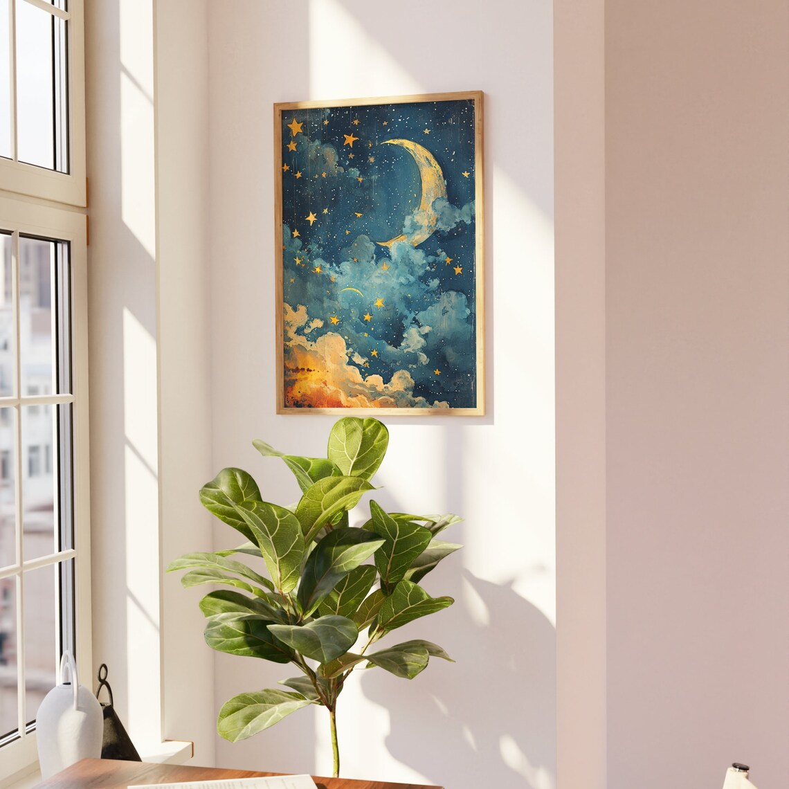 Whimsical Crescent Moon and Stars Midnight Cloud Painting Poster - Image 2