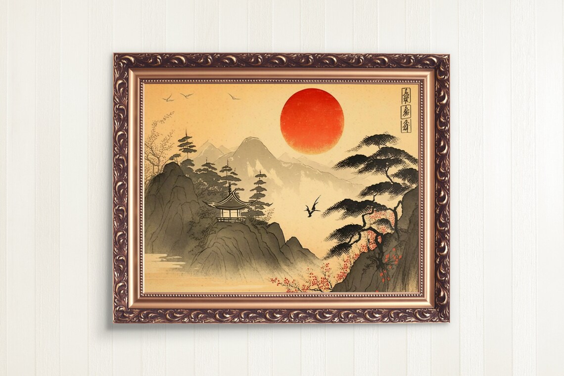 Classic Japanese Woodblock Red Sun Pagoda Mountain Landscape Poster