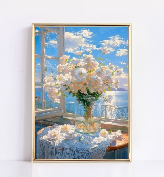 Spring Flowers In Vase By The Sea Floral Pastel Art Print Moody Spring Mood Poster Floral Art Spring Wall Decor By Window