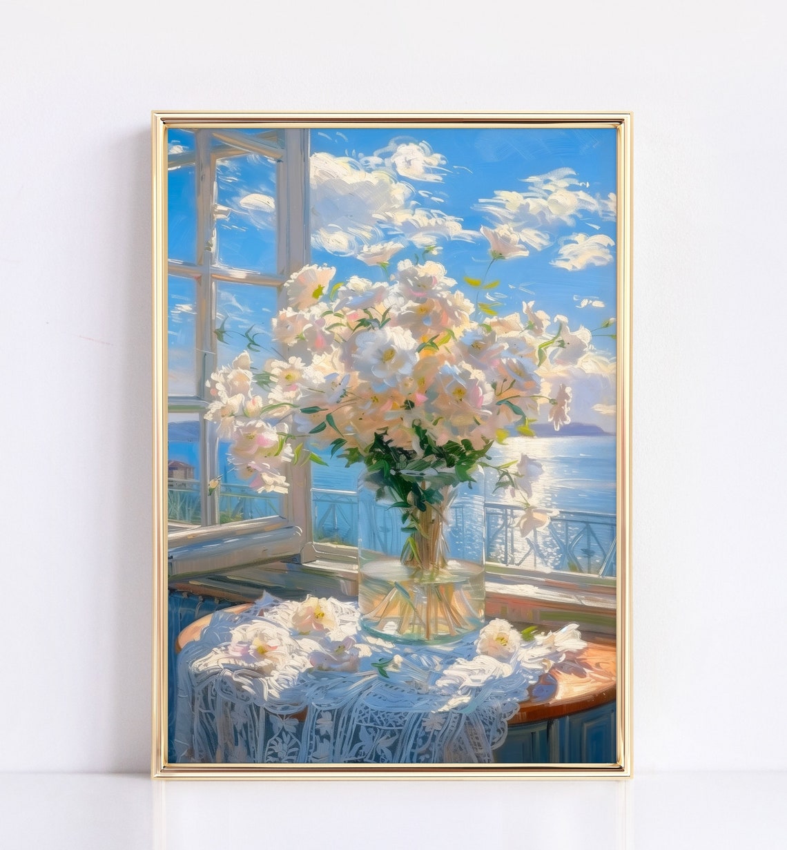 White Summer Blossoms Open Window Overlooking Sea Lace Art Poster