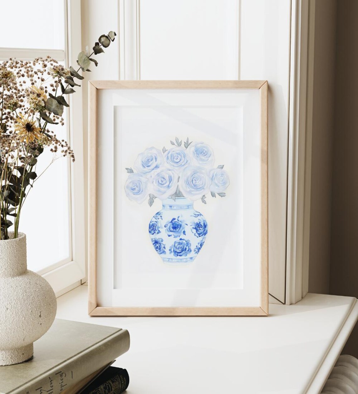 Blue And White Roses In Chinoiserie Vase Watercolor Floral Wall Poster - Image 2
