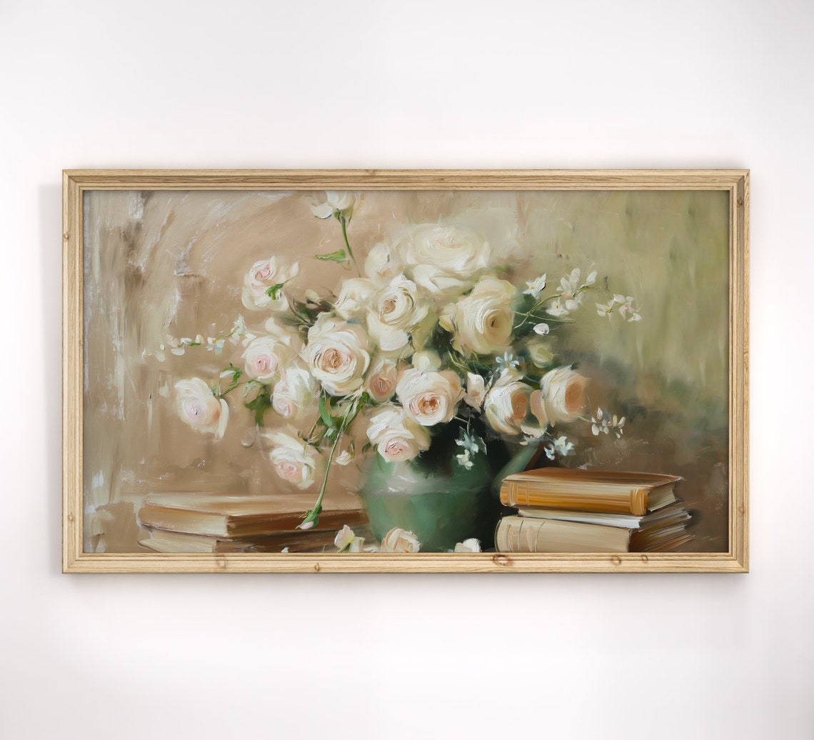 Stack Of Old Books With White Roses Vase Literary Floral Art Poster