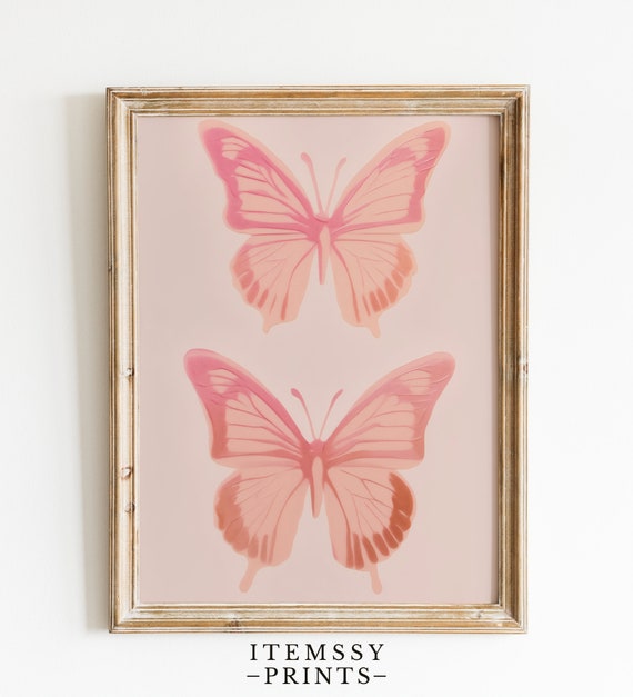 Antique Pink Butterflies Wall Art Vintage Two Butterflies Painting Light Pastel Pink Artwork Nursery Decor Vintage Print