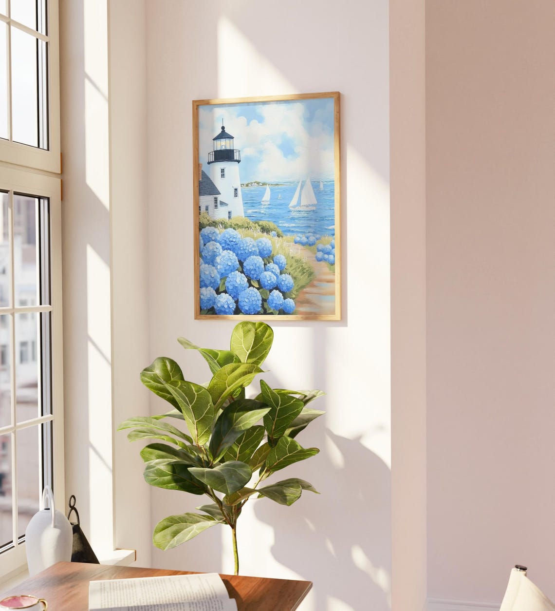 Lighthouse Sailboats Hydrangeas Seaside Path Coastal Art Poster - Image 2